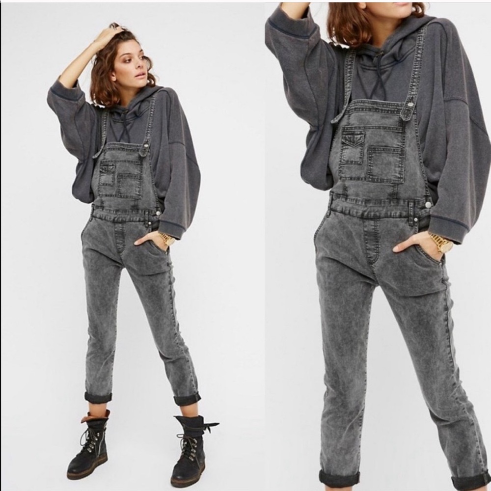 Free People Distressed Faded Skinny Denim Overalls